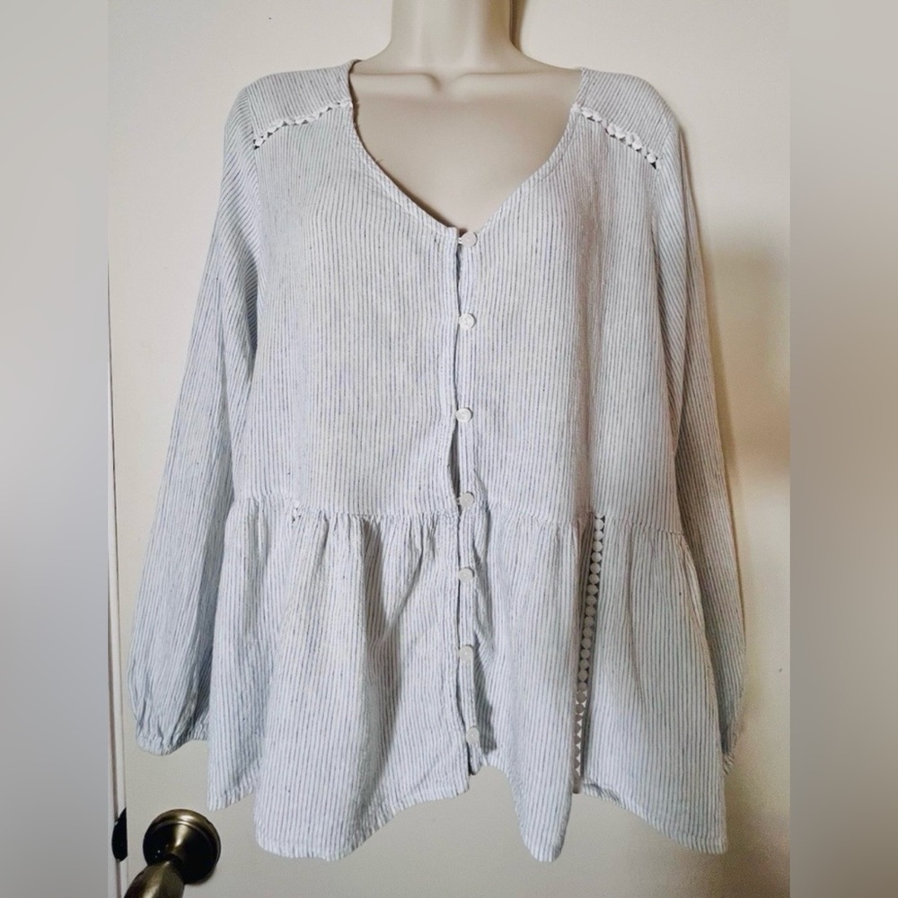 Calligraphie Peplum Blue Pinstripe Button Up Linen Top on White Size XL NWT